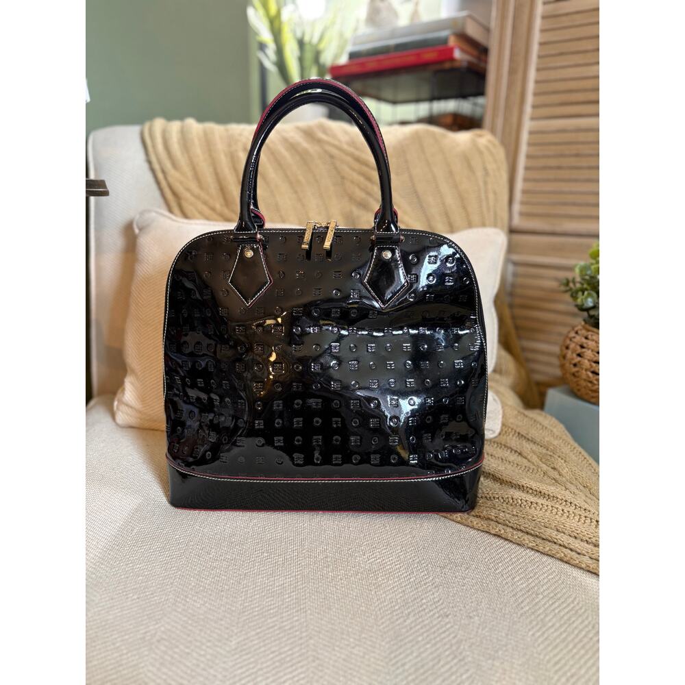 Arcadia Black Embossed Patent Leather Dome Satchel Italian